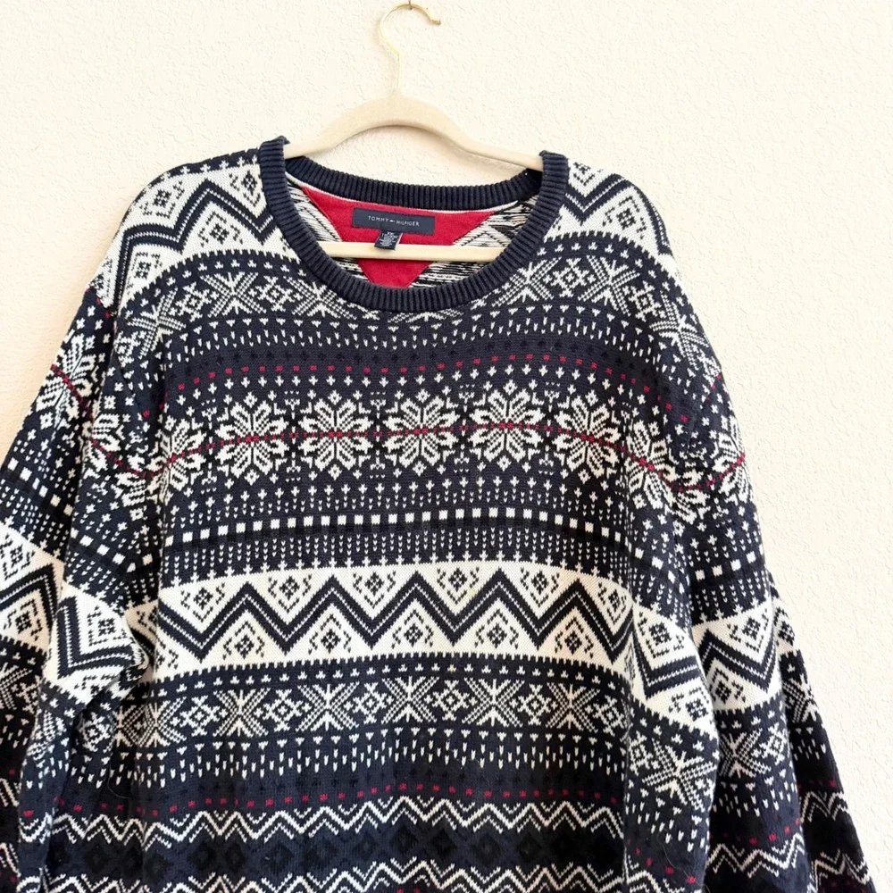 Tommy Hilfiger Mens XXL Navy Blue Fair Isle Cotton Crewneck Sweater Snowflake
